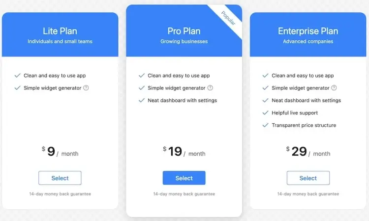 Pricing Table by Elfsight